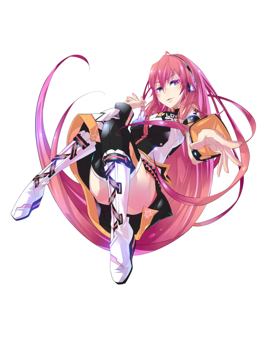 blue_eyes boots detached_sleeves foreshortening headphones highres long_hair looking_at_viewer megurine_luka monq pink_hair simple_background skirt smile solo thigh-highs thighhighs very_long_hair vocaloid