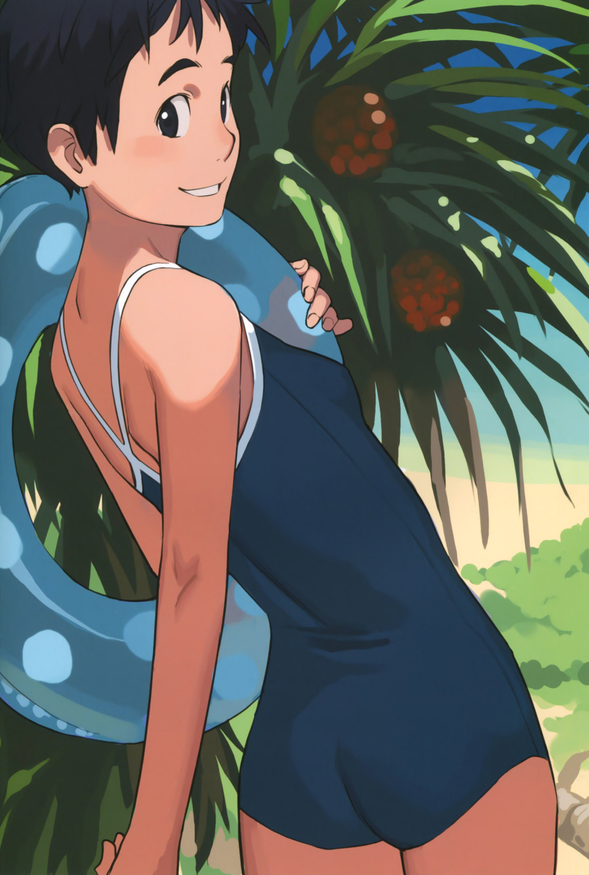 ass bare_shoulders beach black_eyes black_hair casual_one-piece_swimsuit dutch_angle grin highres innertube looking_at_viewer looking_back one-piece_swimsuit original school_swimsuit short_hair smile solo swimsuit takamichi tomboy