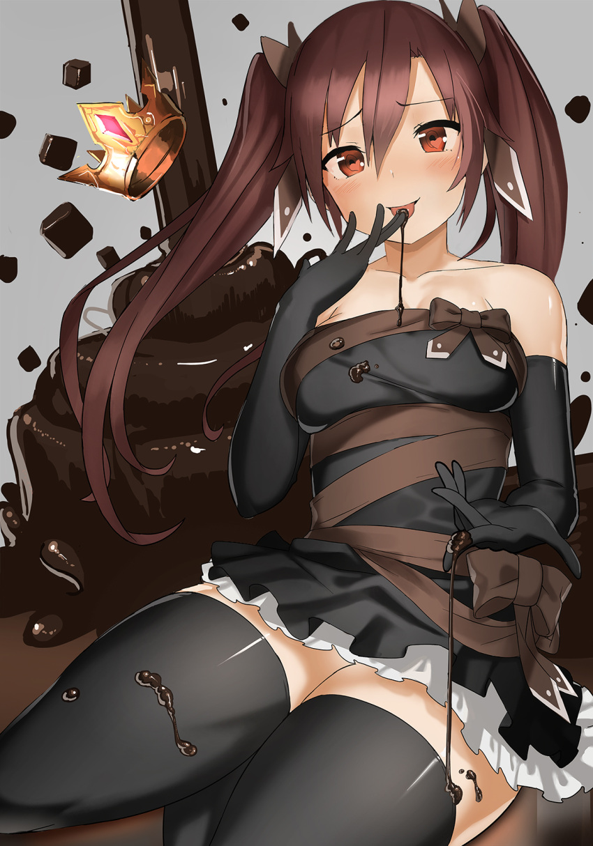 1girl bangs bare_shoulders black_legwear blush bow brown_eyes brown_hair ccaw chocolate collarbone cowboy_shot cream crown elbow_gloves gloves hair_between_eyes highres naughty_face original shiny shiny_clothes shiny_skin short_hair_with_long_locks skindentation solo tareme thigh-highs tongue tongue_out twintails zettai_ryouiki