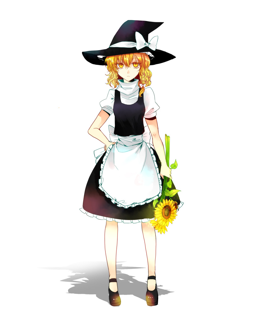 1girl apron blonde_hair braid expressionless flower hand_on_hip hat highres hips kirisame_marisa looking_at_viewer nr_(cmnrr) shadow solo touhou white_background witch witch_hat yellow_eyes