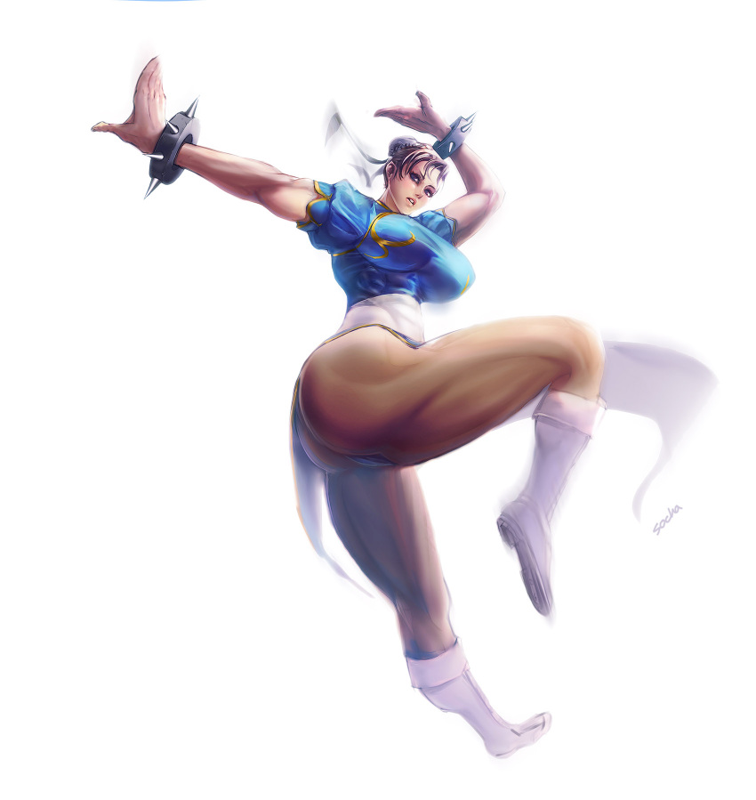 ass boots bracelet breasts brown_eyes brown_hair china_dress chinese_clothes chun-li double_bun highres jewelry large_breasts legs muscle pantyhose short_hair socha_(pixiv99744) solo spiked_bracelet spikes street_fighter street_fighter_ii thick_thighs thighs