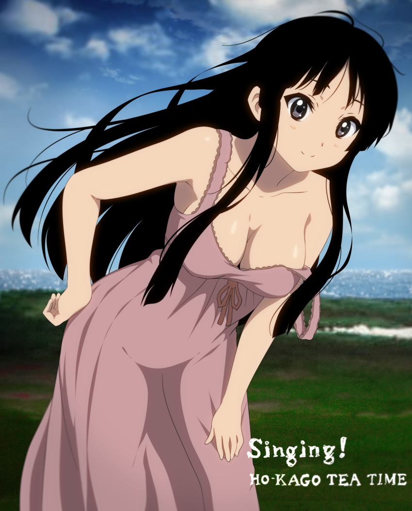 absurdres akiyama_mio artist_request black_hair blue_sky breasts cleavage cloud dress field grass grey_eyes hand_on_hip hand_on_thigh highres hips k-on! k-on!_movie large_breasts leaning_forward looking_at_viewer ocean off_shoulder photo_background seaside singing! sky sleeveless sleeveless_dress solo strap_slip sundress