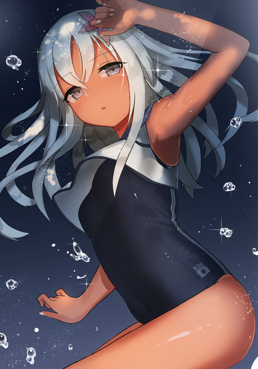 1girl armpits bangs blue_background bubble ccaw cowboy_shot crop_top expressionless from_side grey_eyes hair_between_eyes highres kantai_collection long_hair looking_at_viewer one-piece_swimsuit ro-500_(kantai_collection) school_swimsuit school_uniform serafuku silver_hair solo submerged swimsuit tareme thighs underwater