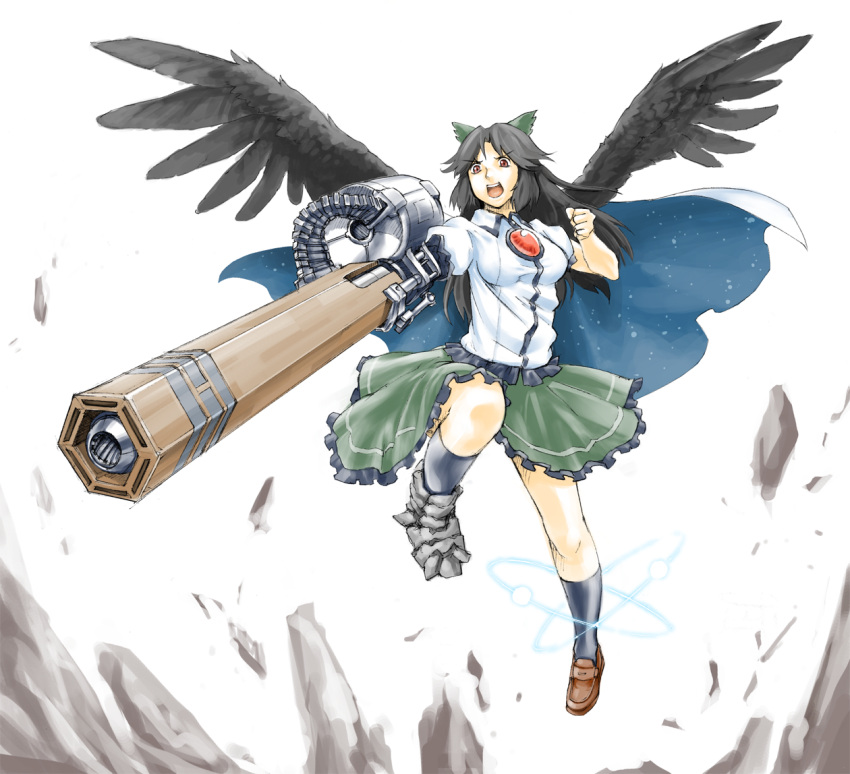 alternate_weapon arm_cannon autocannon black_hair black_wings breasts cape chanko highres mismatched_footwear open_mouth red_eyes reiuji_utsuho skirt solo touhou weapon wings