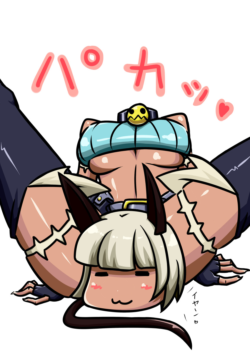 :3 =_= absurdres animal_ears arm_support bangs bare_shoulders bell belt black_legwear blunt_bangs blush blush_stickers bob_cut breasts buckle cat_ears cat_tail collar dark_skin fang fingerless_gloves gloves headless highres leaning_back midriff mister_x_(shojinn) ms._fortune_(skullgirls) nadia_fortune navel scar severed_head shiny shiny_clothes shiny_skin short_hair sitting skullgirls smile solo spread_legs tail tank_top thighhighs torn_clothes translation_request underboob white_hair