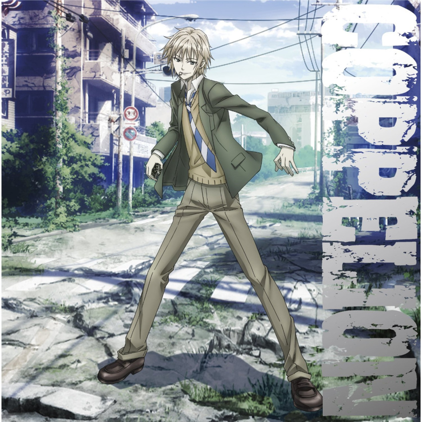 1boy bush clouds coppelion copyright_name crosswalk explosive full_body grass grenade grenade_pin grey_eyes highres house kurosawa_haruto loafers looking_at_viewer male_focus necktie official_art outdoors overgrown pale_skin power_lines road ruins school_uniform shoes silver_hair sky solo street striped striped_necktie sweater_vest traffic_light