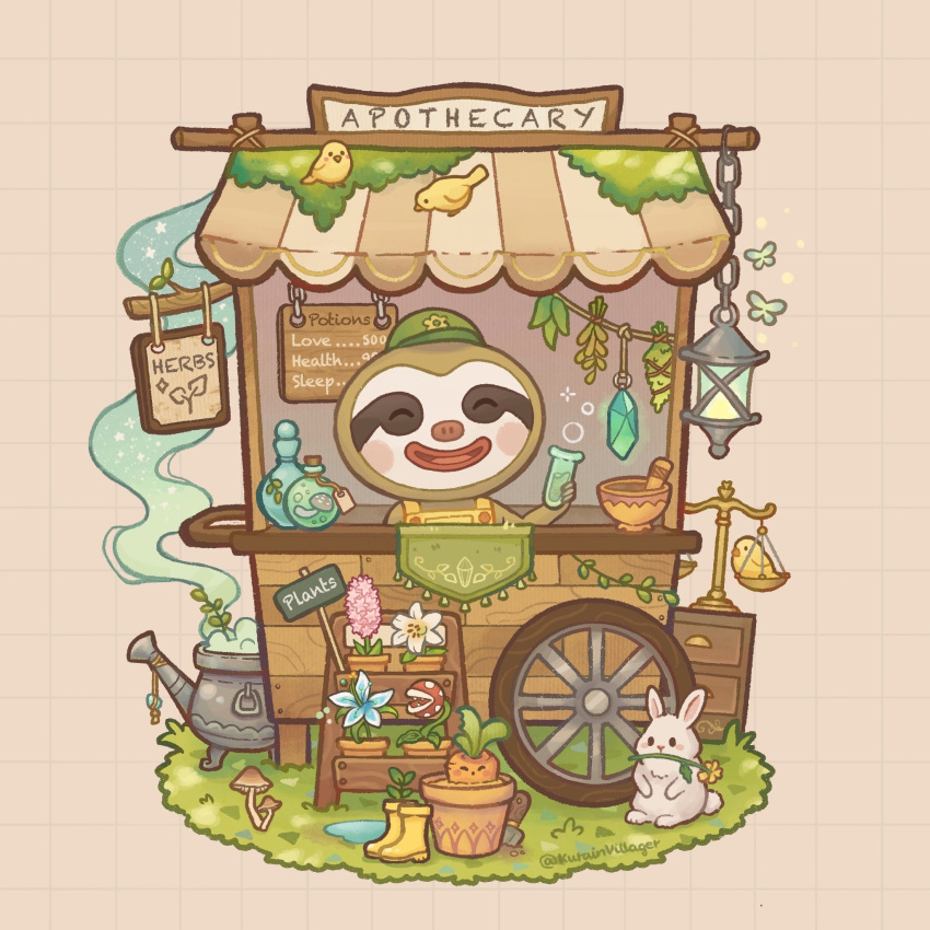 1boy ^_^ animal_crossing apothecary apron artist_name awning balance_scale bird blue_flower boots bottle bowl brown_background bug butterfly carrot cauldron chain closed_eyes commentary counter crystal english_commentary flask flower flower_pot grass green_hat grid_background hand_up hat herb herb_bundle highres holding holding_test_tube hyacinth kurain_villager lantern leif_(animal_crossing) lily_(flower) male_focus mortar_(bowl) moss mushroom open_mouth pestle pink_flower piranha_plant plant potion potted_plant puddle rabbit round-bottom_flask rubber_boots sign silent_princess simple_background sloth_boy smile solo super_mario_bros. test_tube the_legend_of_zelda trowel twitter_username unworn_boots vending_cart weighing_scale white_flower yellow_apron yellow_boots yellow_flower