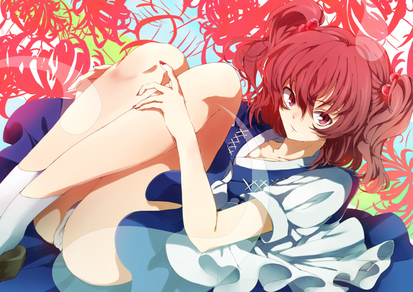 ass blue_dress breasts cleavage dress flower ghost hair_bobbles hair_ornament highres leg_hug legs_up lying on_back onozuka_komachi panties red_eyes red_hair red_nails redhead revision solo spider_lily surumeri_(baneiro) touhou twintails underwear white_panties