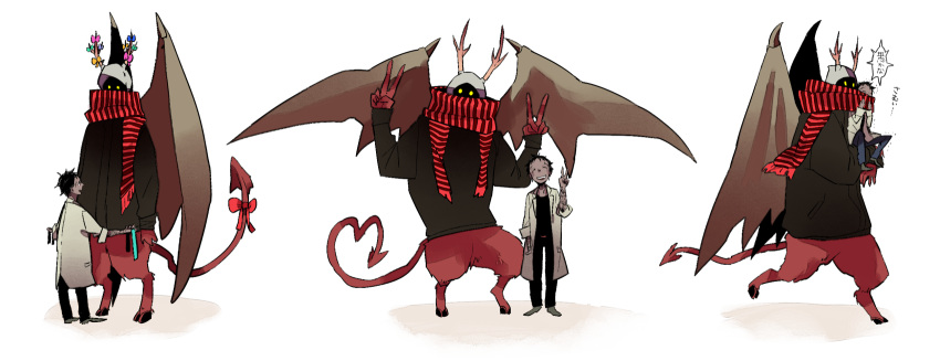 1boy 1girl ^_^ antlers bat_wings black_hair bow closed_eyes couple dark_skin demon_tail dorohedoro double_v glowing glowing_eyes happy haru_(dorohedoro) heart heart_tail height_difference hidden_face highres hooves horn_bow kasukabe_(dorohedoro) labcoat open_mouth scarf shared_scarf simple_background smile tail tail_bow trembling v white_background wings