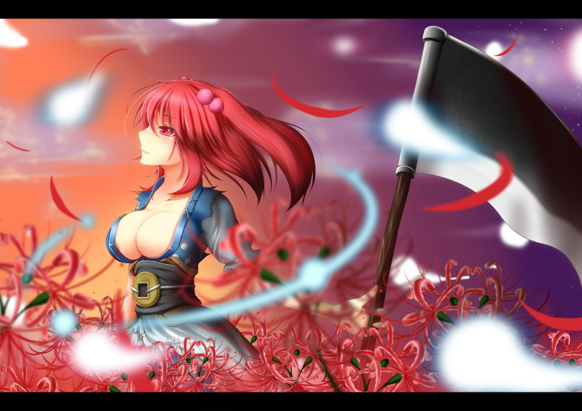 absurdres breasts cleavage flower ghost hair_bobbles hair_ornament highres letterboxed notya onozuka_komachi red_eyes red_hair redhead scythe solo soul spider_lily touhou twintails