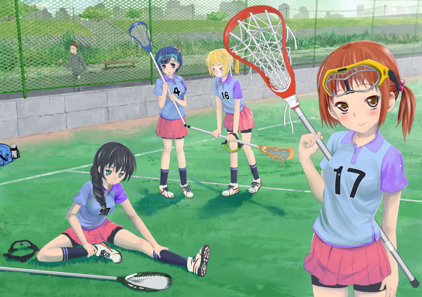 &gt;_&lt; 4girls bike_shorts black_hair blonde_hair blue_eyes blue_hair blush braid brown_eyes brown_hair copyright_request field goggles goggles_on_head green_eyes hair_bobbles hair_ornament lacrosse mokyutan multiple_girls running skirt smile stretch sweat