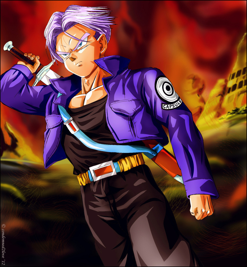 &gt;:| belt blue_eyes blue_hair clenched_hand condemned2love dragon_ball dragon_ball_z dragonball_z fist highres jacket male muscle sheath sword trunks_(dragon_ball) weapon