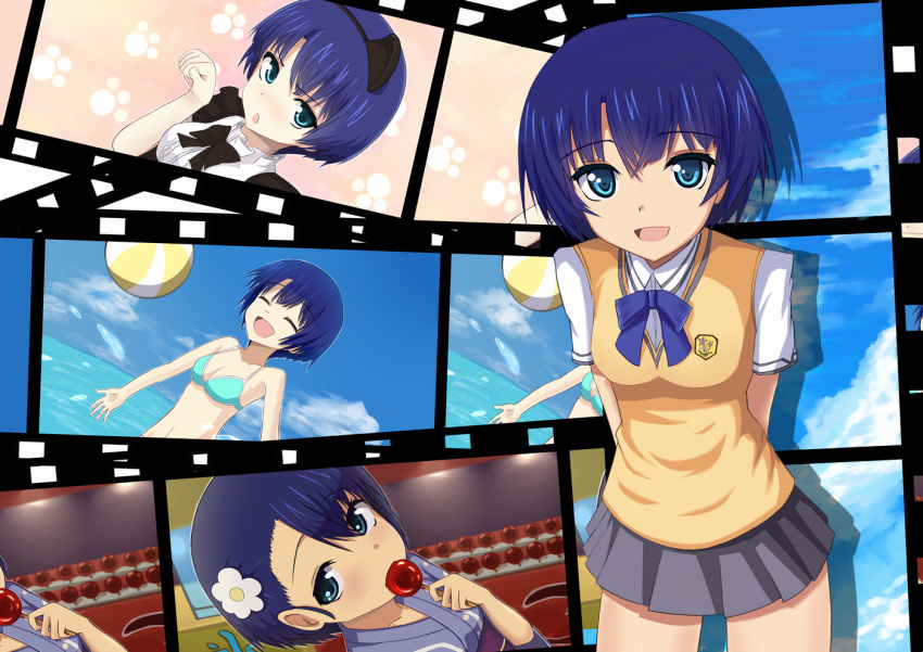 alua animal_ears ano_natsu_de_matteru arms_behind_back ball beachball bikini blue_eyes blue_hair candy_apple cat_ears closed_eyes cloud eyes_closed film_strip hairband japanese_clothes kimono looking_at_viewer looking_up montage mouth_hold open_mouth paw_pose school_uniform short_hair sky smile solo splashing sweater_vest swimsuit tanigawa_kanna water