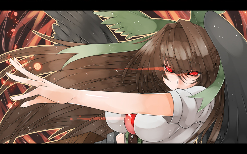 arm_cannon black_hair black_wings bow breasts brown_hair bust glowing glowing_eyes hair_bow hamira-ze hands highres large_breasts letterboxed light_trail long_hair looking_at_viewer red_eyes reiuji_utsuho solo third_eye touhou very_long_hair weapon wings