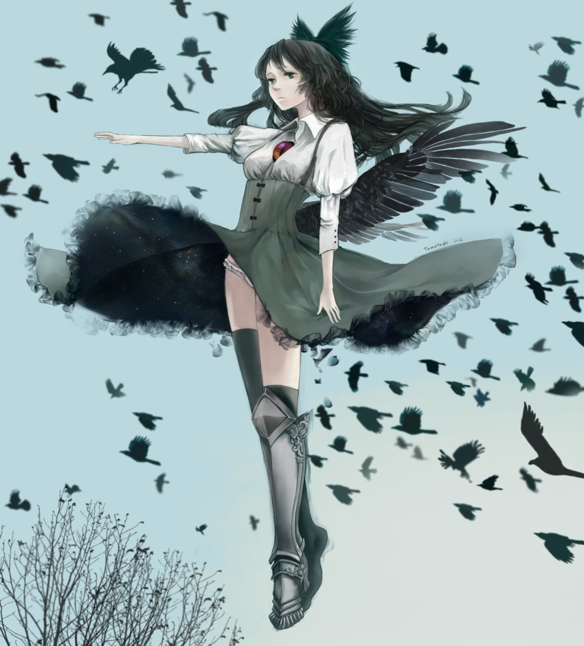 armor bird black_hair black_wings bow crow greaves hair_bow highres kneehighs long_hair mi-so mismatched_footwear outstretched_arm reiuji_utsuho single_shoe skirt solo suspenders thigh-highs thighhighs touhou tree wings