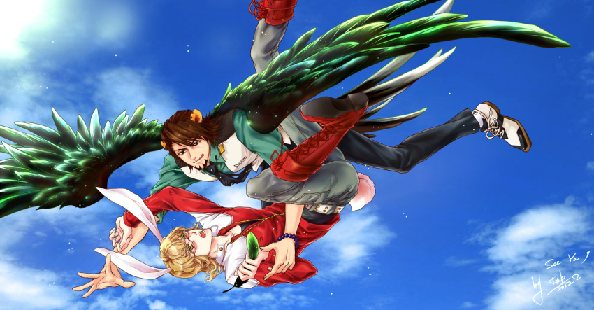 :p animal_ears barnaby_brooks_jr belt blonde_hair bracelet brown_eyes brown_hair bunny_ears bunny_tail facial_hair falling feathers flying glasses green_eyes jacket jewelry kaburagi_t_kotetsu kemonomimi_mode male multiple_boys necklace necktie neclace red_jacket sky stubble studded_belt tail tiger_&amp;_bunny tiger_ears tongue vest waistcoat wings yinhuzhishang