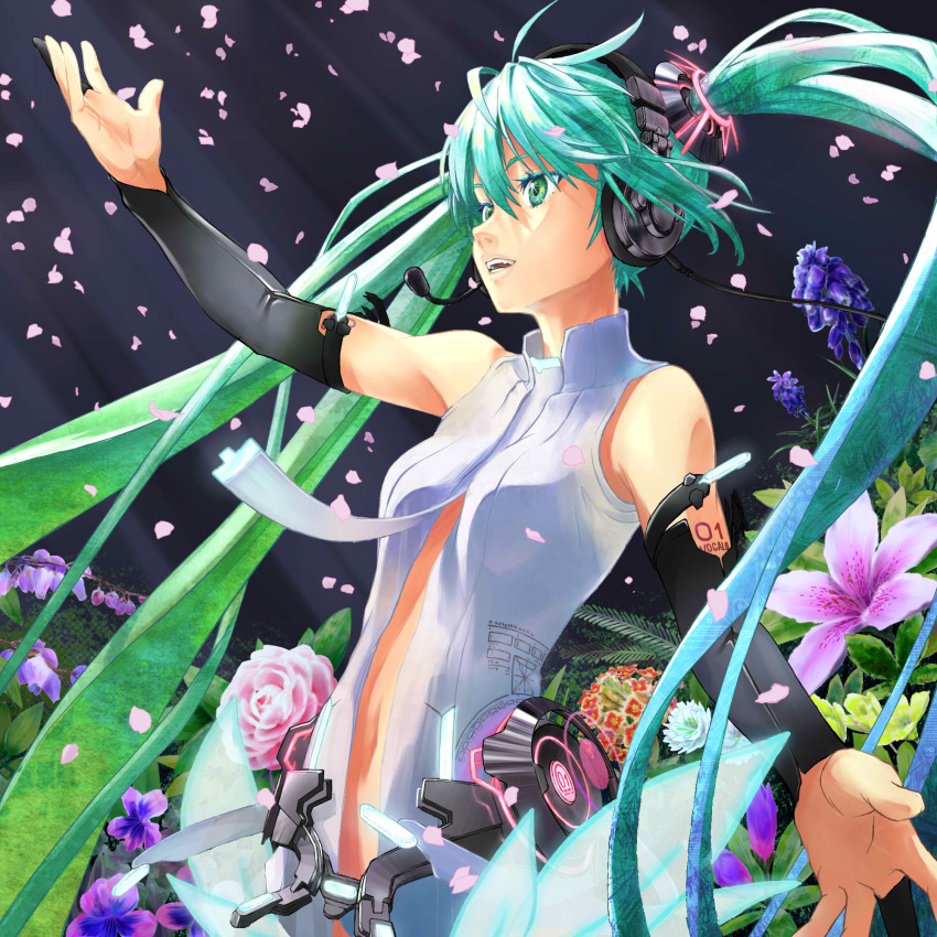 bad_id breasts bridal_gauntlets center_opening flower green_eyes green_hair hatsune_miku hatsune_miku_(append) headphones headset highres long_hair miku_append navel necktie outstretched_arms petals solo twintails very_long_hair vocaloid vocaloid_append warakatsuki