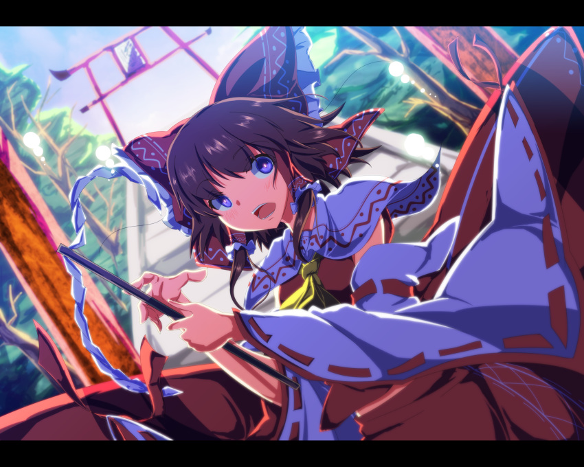 absurdres ascot blue_eyes blush bow brown_hair detached_sleeves forest gohei hair_bow hair_tubes hakurei_reimu highres letterboxed long_sleeves miko minagokoro nature open_mouth shirt skirt skirt_set solo stairs torii touhou tree wide_sleeves