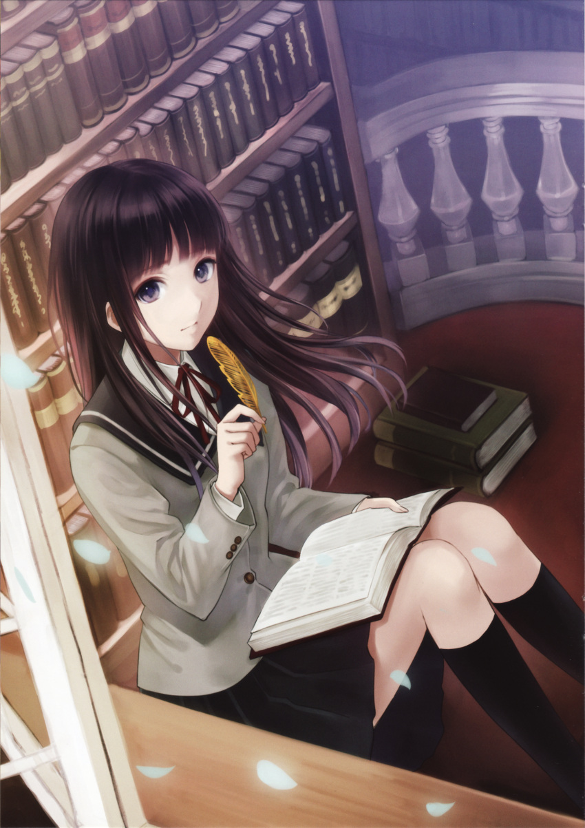 absurdres black_hair blue_eyes book book_stack bookshelf buttons fukahire_sanba highres hime_cut holding kneehighs light_smile long_hair long_sleeves looking_at_viewer open_book original petals quill quill_pen scan school_uniform seifuku sitting solo window