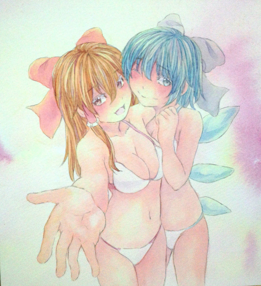 2girls bikini blue_eyes blue_hair blush bow breasts brown_eyes brown_hair cirno collarbone cowboy_shot hair_bow hair_tubes hakurei_reimu highres hug ice ice_wings looking_at_viewer multiple_girls navel one_eye_closed open_mouth outstretched_hand pink_background short_hair smile string_bikini swimsuit touhou traditional_media watercolor_(medium) white_bikini white_swimsuit wings yuyu_(00365676)