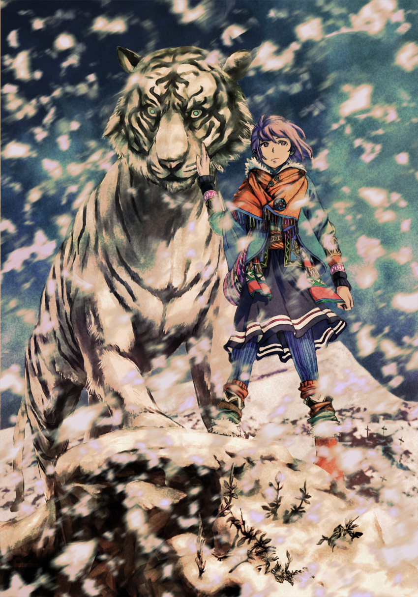 :| animal footwear hand_on_another's_face hand_on_another's_face highres original pink_eyes pink_hair skirt snow snowing socks solo standing tail tiger white_tiger wyx2