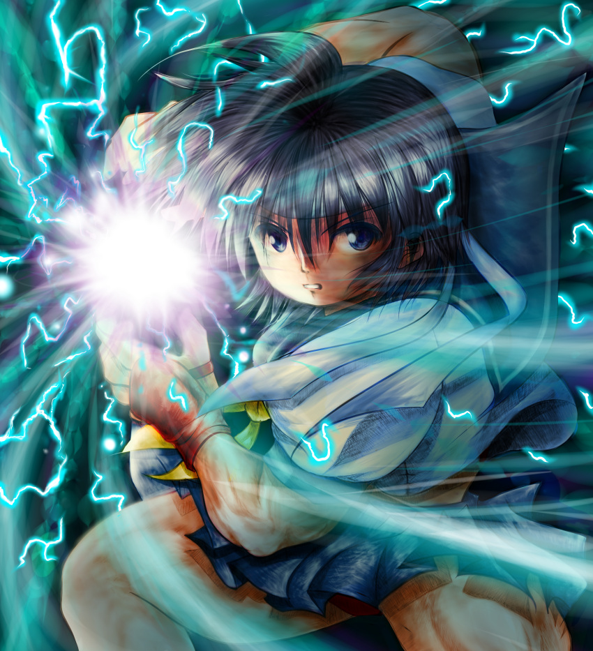 black_hair blue_eyes electricity energy_ball fingerless_gloves gloves hadouken headband highres kasugano_sakura kote lightning pleated_skirt school_uniform serafuku skirt solo street_fighter street_fighter_zero toned