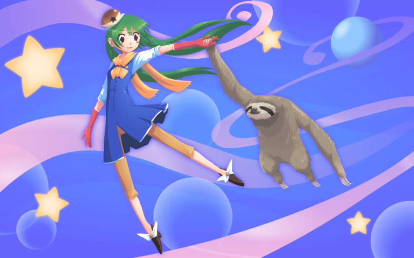 animal blush_stickers brown_eyes claws commentary floating gloves green_hair hand_holding hat holding_hands john_su long_hair original planet scarf shoes sloth_(animal) smile star twintails what