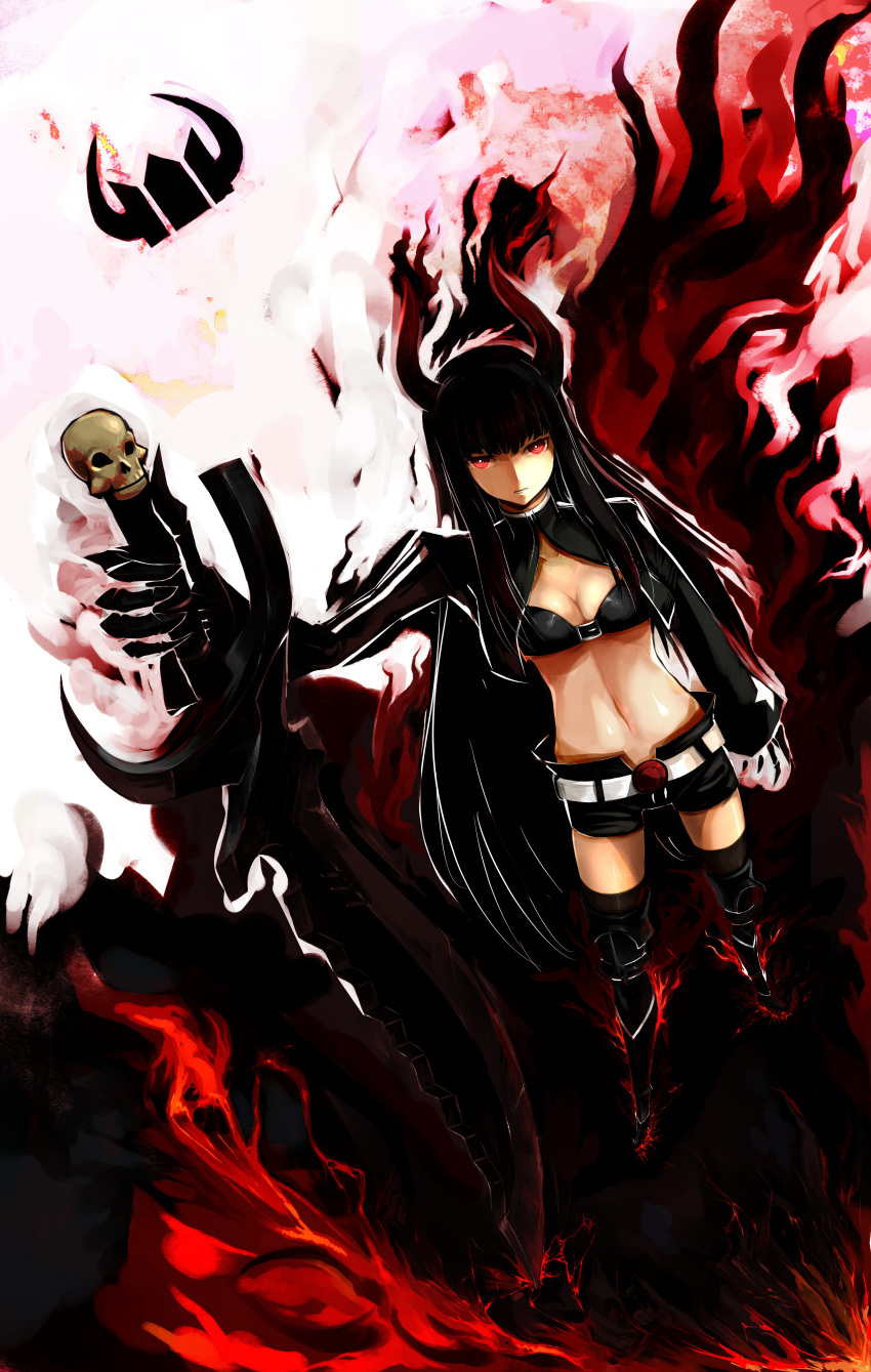 absurdres artist_request bikini_top black_gold_saw black_hair black_rock_shooter boots breasts cleavage fire highres hime_cut horns jacket king_saw long_hair midriff molten_rock navel red_eyes serious short_shorts shorts skull sword thigh-highs thigh_boots thighhighs weapon