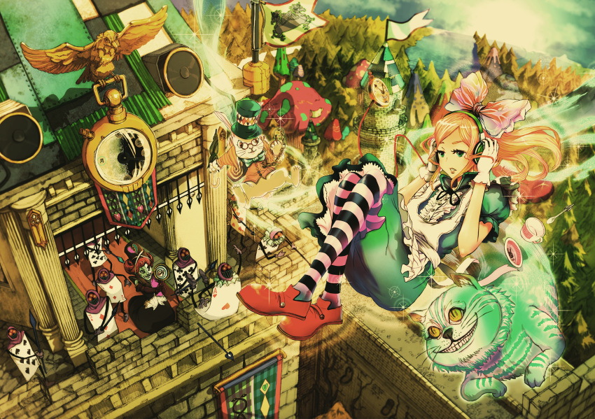 alice_(wonderland) alice_in_wonderland bird bow bowtie brick_wall broken_heart bunny card castle cat cheshire_cat cup diamond diamond_(shape) dress elbow_gloves flag glasses gloves green_eyes grin hair_bow hands_on_headphones hat headphones heart highres long_hair multiple_girls mushroom orange_hair pantyhose playing_card pocket_watch polearm queen_of_hearts rabbit red_hair redhead ribbon saucer scenery smile spear spoon stopwatch striped striped_legwear teacup teeth top_hat tree umbrella watch weapon whiskers white_rabbit wyx2