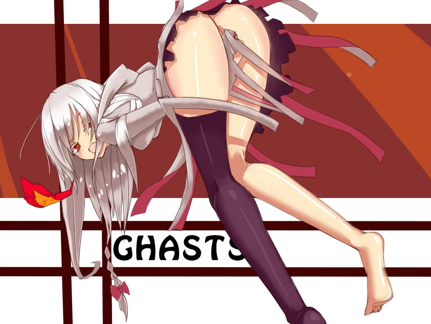 ana_dogukishi ass asymmetrical_clothes asymmetrical_clothing barefoot bent_over black_legwear covering covering_crotch fang feet fire ghast highres hood legs long_hair looking_back minecraft no_panties open_mouth personification red_eyes ribbon silver_hair simple_background single_shoe single_thighhigh solo thigh-highs thighhighs typo white_hair