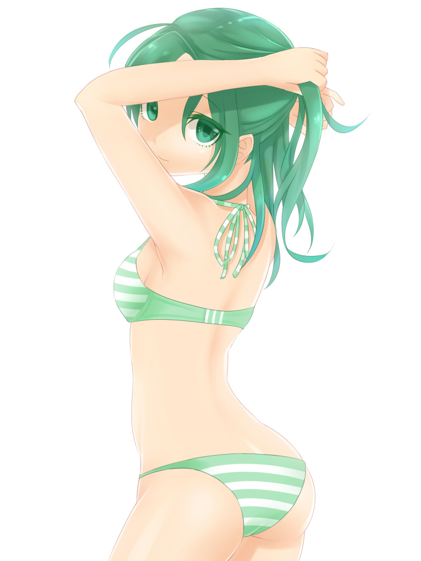 bikini from_behind green green_eyes green_hair highres looking_back midorikawa_nao precure puchiman simple_background smile_precure! solo striped striped_bikini striped_swimsuit swimsuit white_background