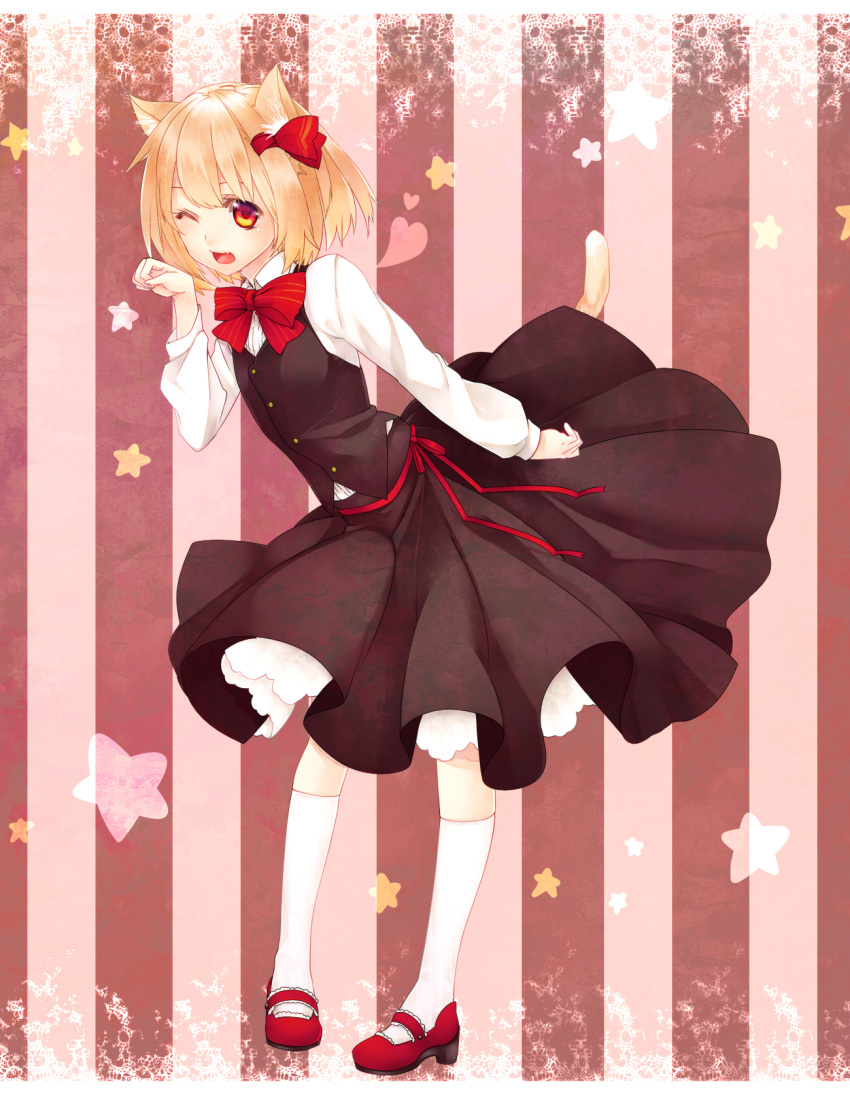 animal_ears arm_up bad_id blonde_hair cat_ears cat_tail fang hair_ribbon heart highres kemonomimi_mode kneehighs mary_janes open_mouth paw_pose red_eyes red_shoes ribbon rumia sash shirt shoes short_hair skirt skirt_set solo star striped striped_background tail the_embodiment_of_scarlet_devil thighhighs touhou vest white_legwear wink youkai yutazou zettai_ryouiki