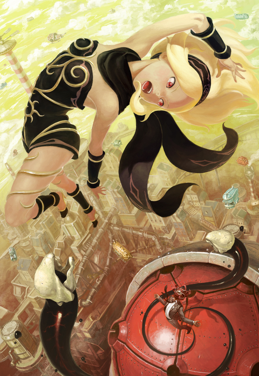alias_(gravity_daze) barnacle battle blonde_hair character_request cityscape cloud control_tower fighting flying gravity_daze high_heels highres kat_(gravity_daze) kitten_(gravity_daze) nababa open_mouth red_eyes science_fiction shoes sky tentacle tentacles