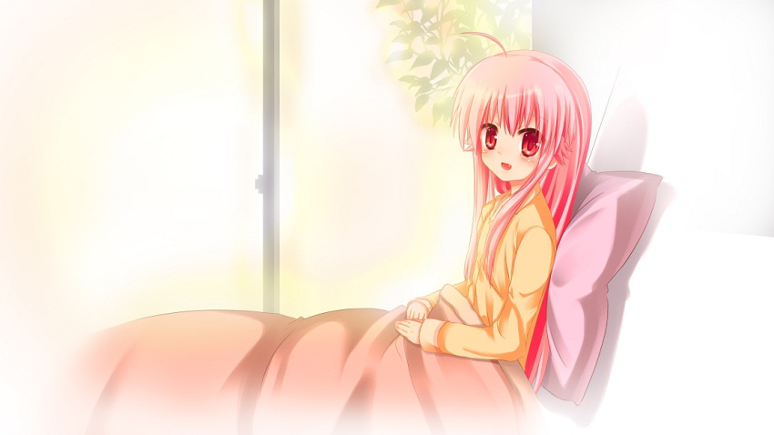 ahoge angel_beats! bed blush fang kakeru_(arelgia) long_hair open_mouth pajamas pillow pink_hair red_eyes sitting solo under_covers yui_(angel_beats!)