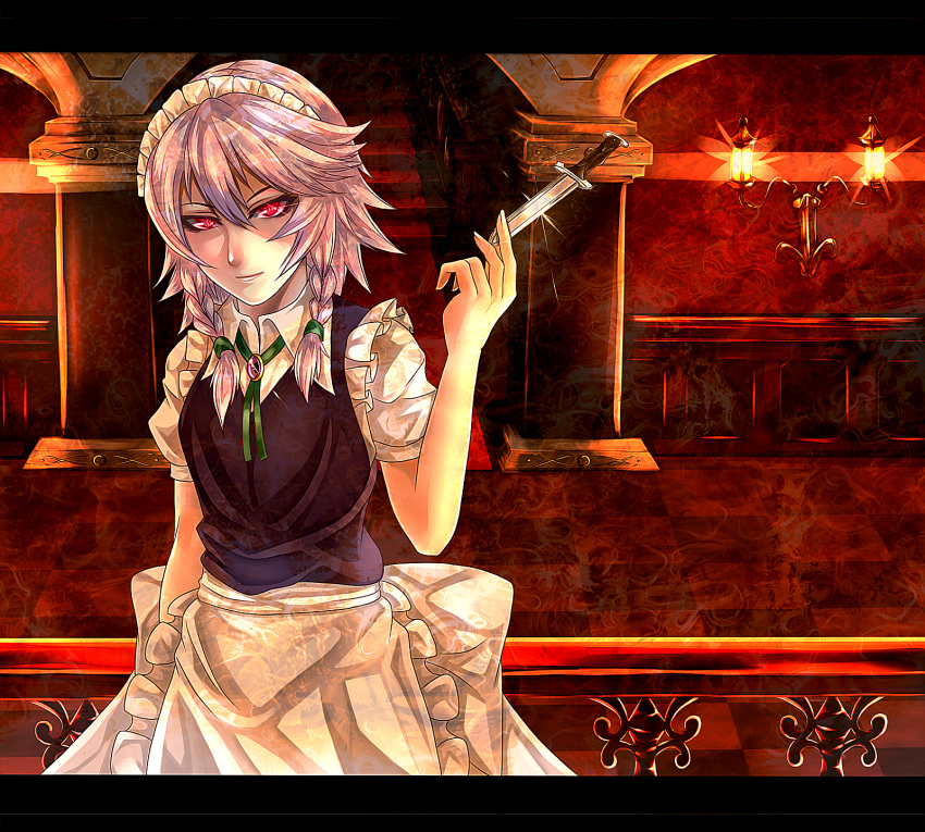 apron bad_id braid carpet glowing glowing_eyes highres izayoi_sakuya knife lamp letterboxed light_smile maid maid_headdress nue0192 red_eyes ribbon short_hair silver_hair solo stairs the_embodiment_of_scarlet_devil touhou twin_braids waist_apron