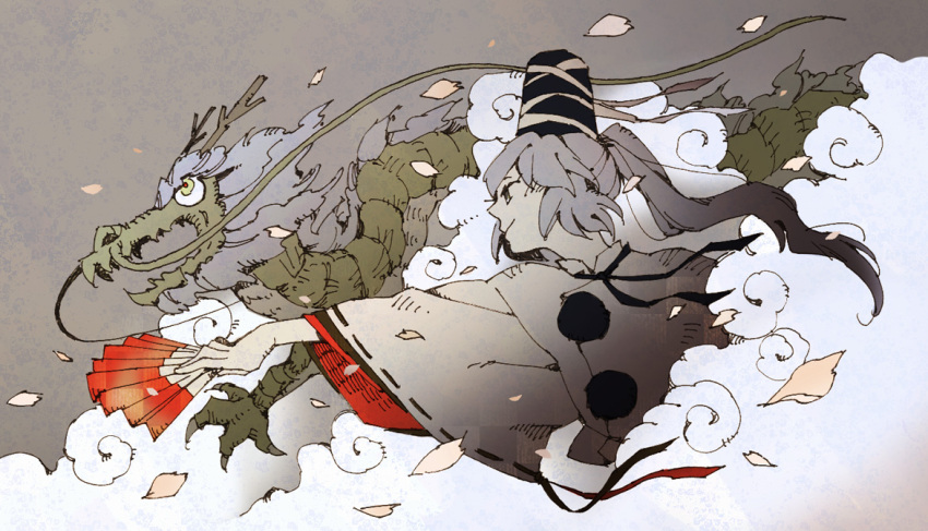 asasui cloud dragon eastern_dragon fan folding_fan grey hat japanese_clothes long_hair mononobe_no_futo outstretched_arm petals pom_pom_(clothes) ponytail solo tate_eboshi touhou traditional_clothes wide_sleeves