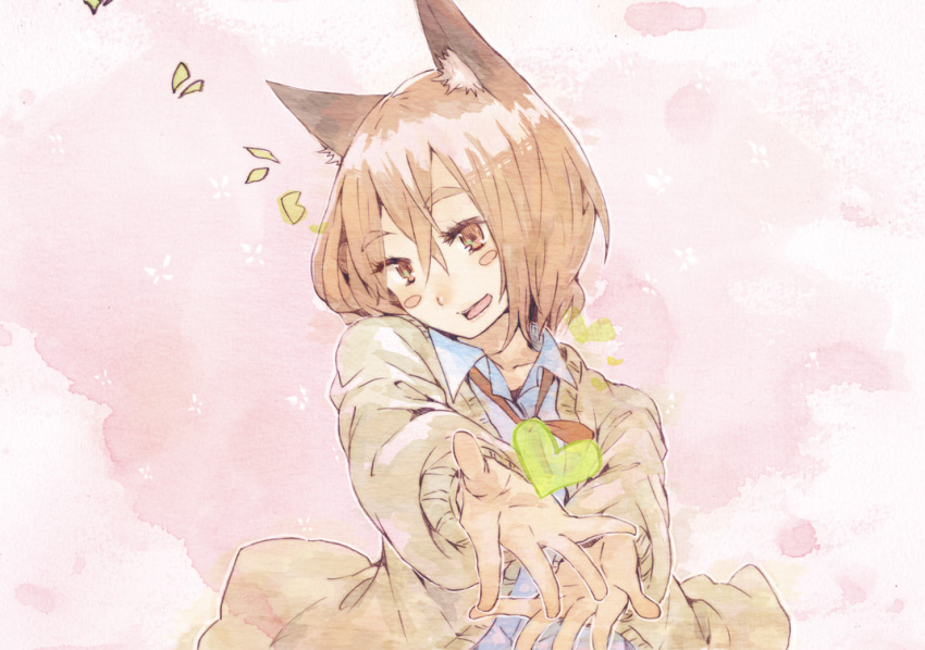 animal_ears blush brown_eyes brown_hair cat_ears heart highres hrd open_mouth original outstretched_arm outstretched_hand smile solo sweater
