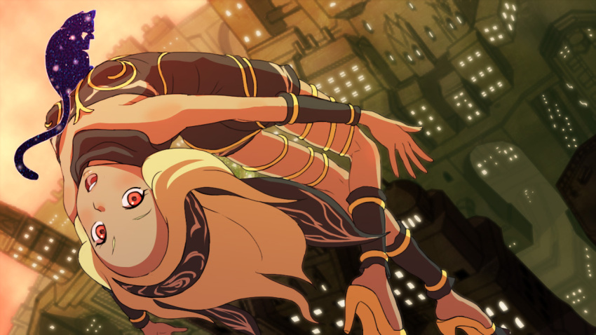 bare_shoulders blonde_hair cat city cityscape dark_skin dusty_(gravity_daze) gravity_daze hairband high_heels kat_(gravity_daze) kitten_(gravity_daze) long_hair looking_at_viewer open_mouth red_eyes scarf shoes solo upside-down vambraces wait8 wristband