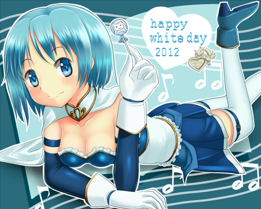 armband blue_eyes blue_hair breasts candy cape cleavage gloves kyubey lollipop mahou_shoujo_madoka_magica miki_sayaka musical_note on_stomach pt@i short_hair smile solo thigh-highs thighhighs white_day zettai_ryouiki