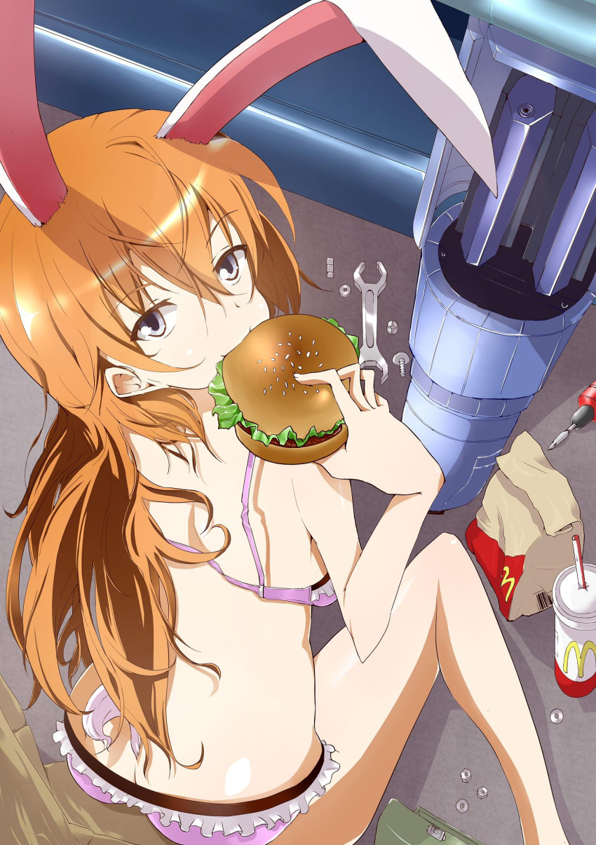 absurdres animal_ears artist_request bolt bolts bra bunny_ears charlotte_e_yeager drill eating food hamburger highres lingerie mcdonald's mcdonald's nut nut_(hardware) panties plastic_cup repairing screws sitting strike_witches striker_unit underwear wrench