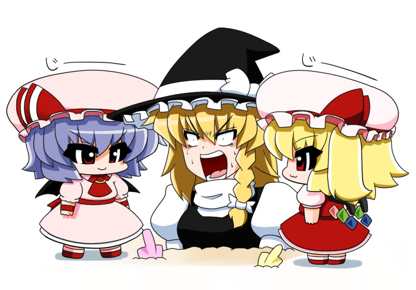 &gt;:) &gt;:3 :3 ascot bat_wings blonde_hair blue_hair bow braid buried chibi constricted_pupils flandre_scarlet hair_bow hat hat_bow kirisame_marisa multiple_girls open_mouth red_eyes remilia_scarlet sand screaming short_hair shovel side_ponytail single_braid stare touhou wide-eyed wide_eyed wings witch witch_hat worktool wrist_cuffs yamato_damashi