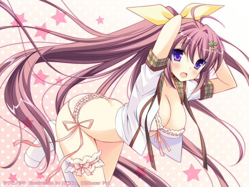 1920x1440 arched_back arms_up bent_over blush bra breasts cleavage copyright_request garter garters hair_ornament hairclip highres inugahora_an kneehighs lace-trimmed_bra lace-trimmed_panties leg_up lingerie long_hair open_clothes open_mouth open_shirt panties pantsu ponytail purple_eyes purple_hair school_uniform side-tie_panties solo tsukumonotsuki underwear very_long_hair violet_eyes wallpaper white_bra white_legwear white_panties