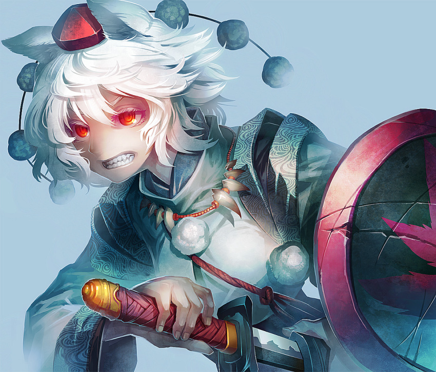 animal_ears clenched_teeth glowing glowing_eyes hat inubashiri_momiji jewelry necklace pom_pom_(clothes) red_eyes shield short_hair silver_hair solo sword teeth tokin_hat touhou weapon white_hair wolf_ears zounose