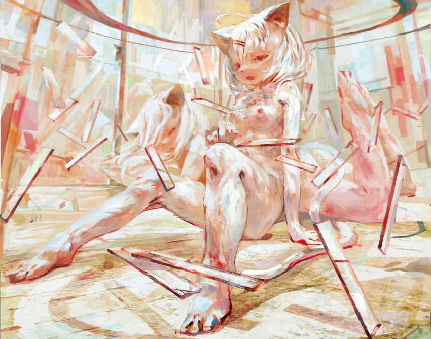 2girls animal_ears bad_id breasts cat_ears denchou furry hair_ornament hairclip highres legs_up looking_at_viewer lying multiple_girls muted_color nude on_stomach original paws sitting tail