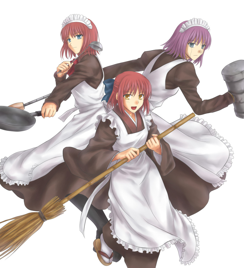 android apron black_legwear blue_eyes bow broom dual_wielding frying_pan hair_bow hammer highres hisui hitoha kohaku ladle maid maid_headdress mecha_hisui multiple_girls open_mouth pantyhose purple_hair red_hair redhead robot sandals shoes simple_background tsukihime yellow_eyes