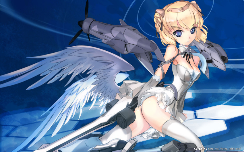 bare_shoulders breasts cleavage do_335 gun hexagon highres iron_cross mecha_musume military original parted_lips personification solo thigh-highs thighhighs tiara weapon white_legwear wings world_war_ii zeco