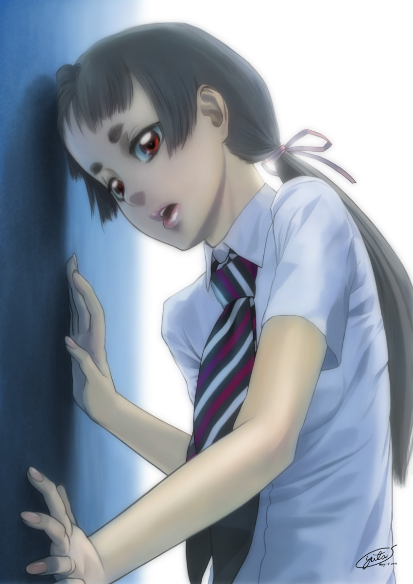 ao_no_exorcist bad_id black_hair brown_hair dated dress_shirt eyebrows hair_tie hands highres hime_eyebrows kamiki_izumo leaning lips long_hair looking_at_viewer necktie parted_lips ponytail red_eyes s-yuta school_uniform shirt short_eyebrows signature solo striped striped_necktie