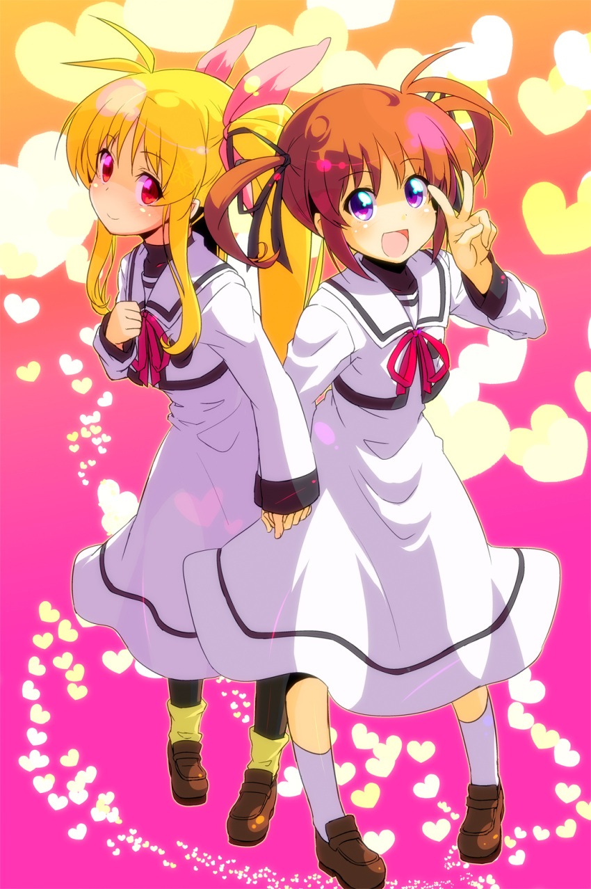 :d bow fate_testarossa hair_bow hair_ribbon hand_holding heart highres holding_hands loafers lyrical_nanoha mahou_shoujo_lyrical_nanoha mahou_shoujo_lyrical_nanoha_a's mahou_shoujo_lyrical_nanoha_a's multiple_girls open_mouth pantyhose ribbon school_uniform shoes smile sw takamachi_nanoha twintails two_side_up v