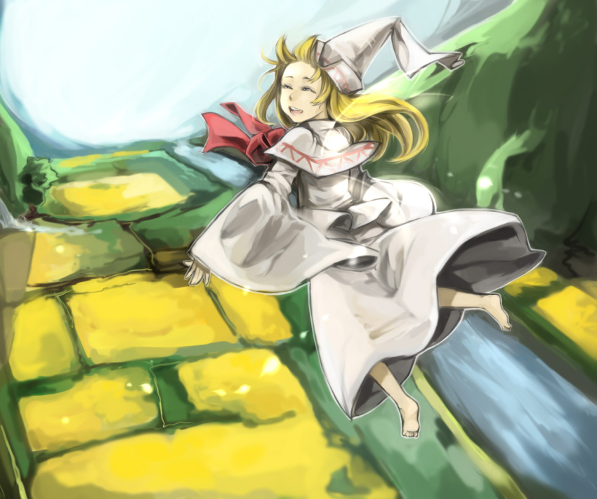 barefoot blonde_hair capelet closed_eyes eyes_closed fairy field flying from_above hat laughing lily_white long_hair looking_back river scenery shuang9705 solo touhou water wide_sleeves wings