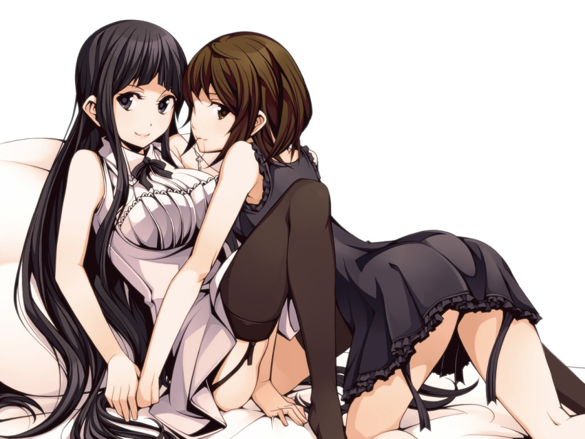 all_fours bare_shoulders black_eyes black_hair black_legwear black_vs_white breasts brown_eyes brown_hair dress garter_straps hand_holding holding_hands jewelry key large_breasts long_hair looking_at_viewer lying mouth_hold multiple_girls necklace no_shoes on_back on_bed original pillow short_hair simple_background smile thighhighs torigoe_takumi very_long_hair white white_background yuri